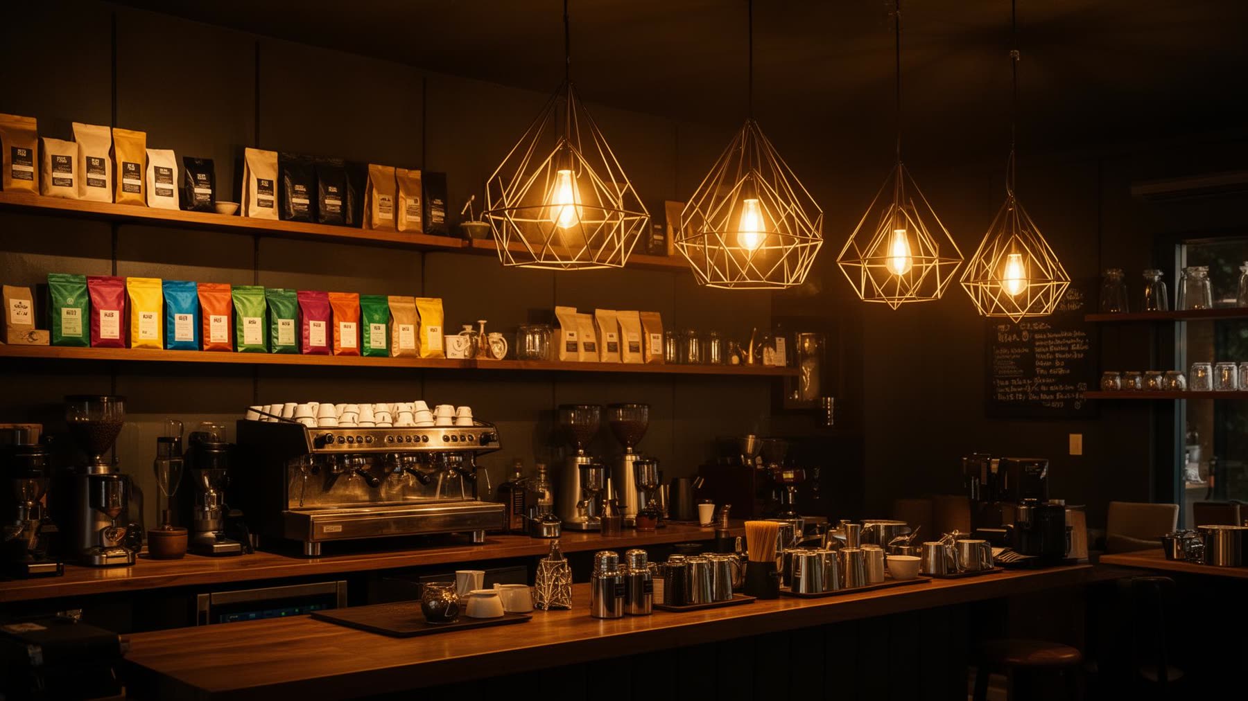 Diferit Coffee & Brew — interior cu lumini geometrice calde și rafturi cu cafea de specialitate